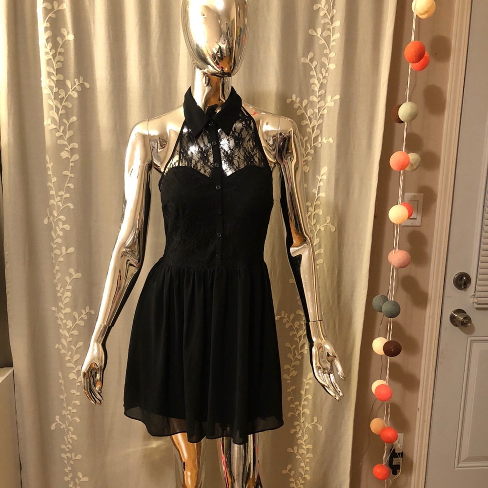 Black Lace Button Up Chiffon Dress